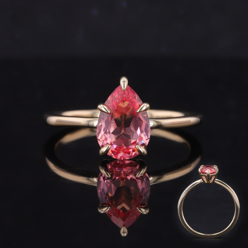 7×10mm Pear Cut Lab Grown Padparadscha Pink Sapphire 9K Yellow Gold Solitaire Engagement Ring