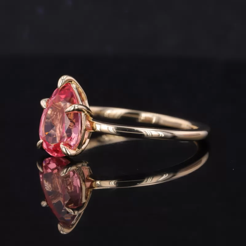 7×10mm Pear Cut Lab Grown Padparadscha Pink Sapphire 9K Yellow Gold Solitaire Engagement Ring