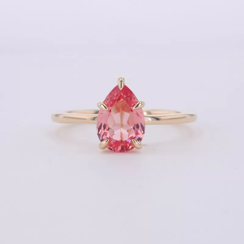 7×10mm Pear Cut Lab Grown Padparadscha Pink Sapphire 9K Yellow Gold Solitaire Engagement Ring