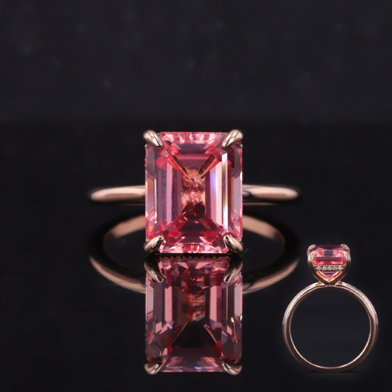 8×10mm Octagon Emerald Cut Lab Grown Padparadscha Pink Sapphire 10K Rose Gold Solitaire Engagement Ring