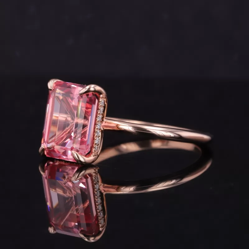 8×10mm Octagon Emerald Cut Lab Grown Padparadscha Pink Sapphire 10K Rose Gold Solitaire Engagement Ring