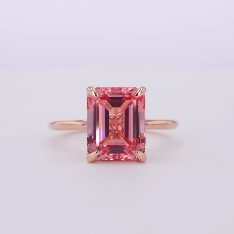 8×10mm Octagon Emerald Cut Lab Grown Padparadscha Pink Sapphire 10K Rose Gold Solitaire Engagement Ring