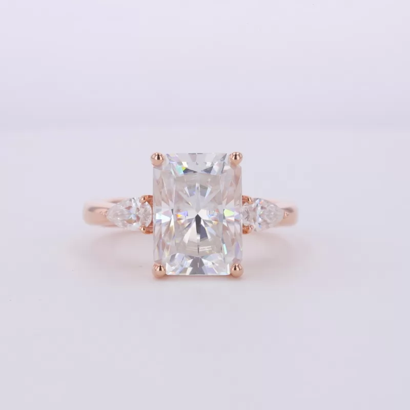 8×11mm Radiant Cut Moissanite 14K Rose Gold Three Stone Engagement Ring