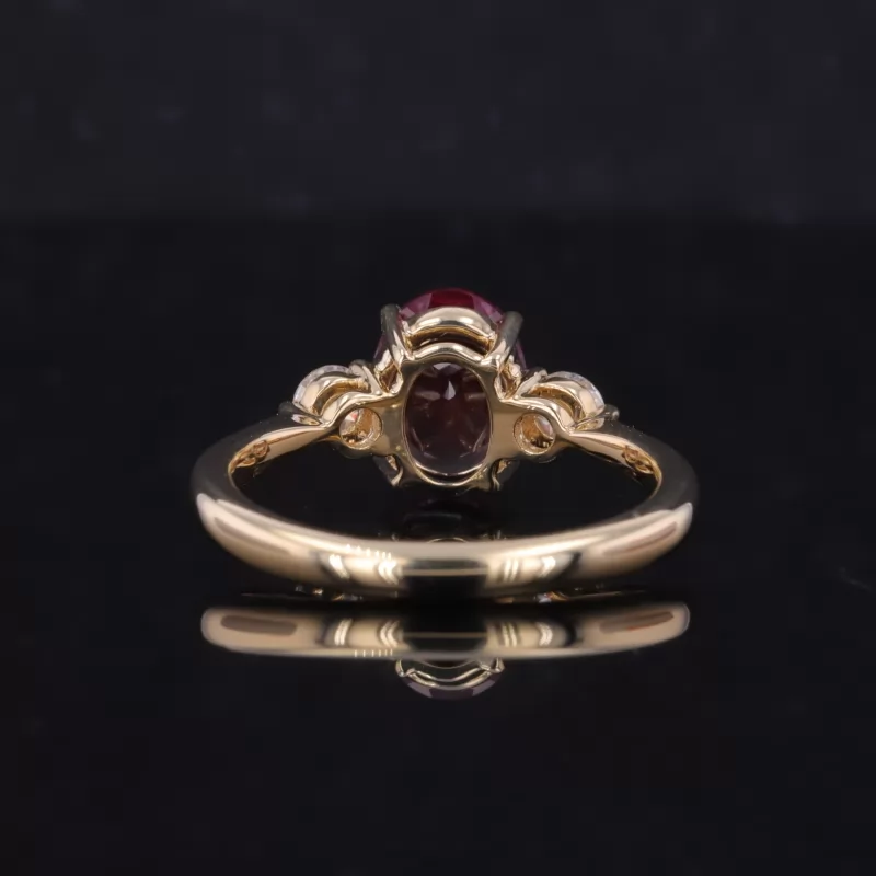 6×8mm Oval Cut Lab Grown Alexandrite Sapphire 14K Yellow Gold Three Stone Engagement Ring