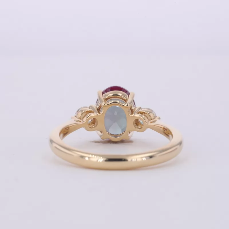 6×8mm Oval Cut Lab Grown Alexandrite Sapphire 14K Yellow Gold Three Stone Engagement Ring