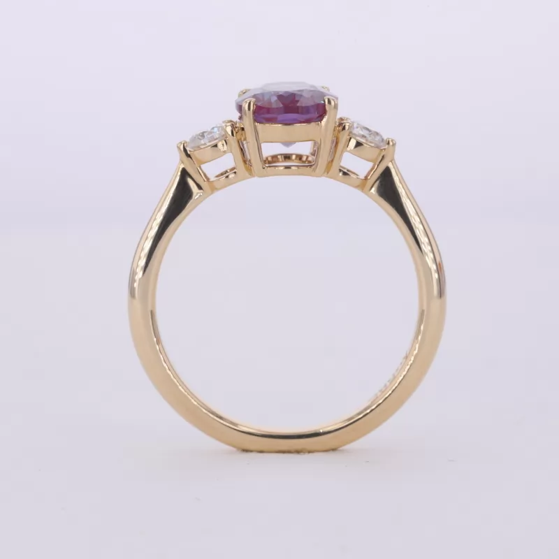 6×8mm Oval Cut Lab Grown Alexandrite Sapphire 14K Yellow Gold Three Stone Engagement Ring