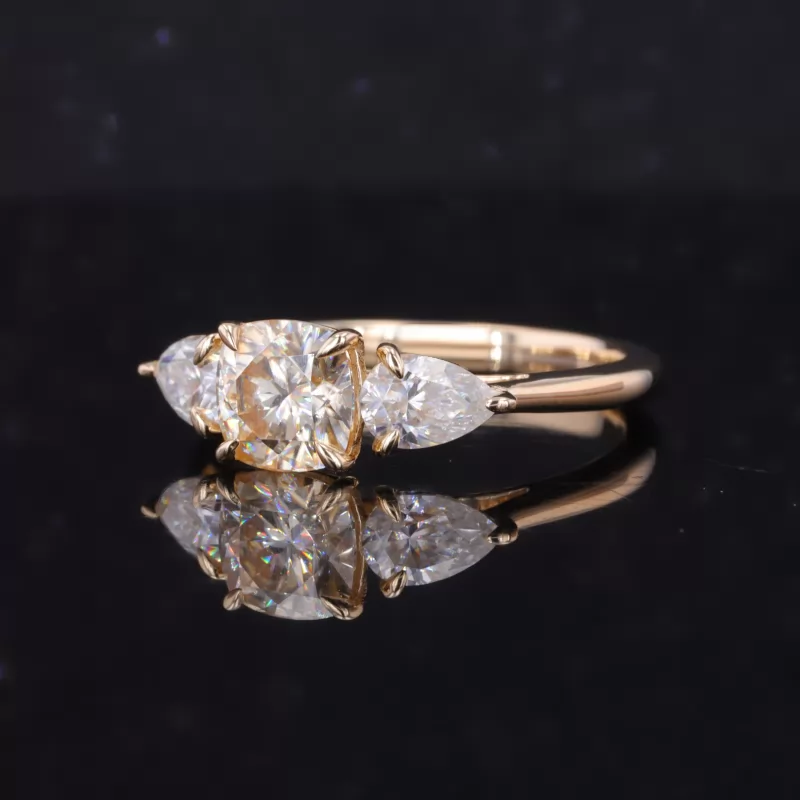 6.5×6.5mm Cushion Cut Moissanite 14K Yellow Gold Three Stone Engagement Ring