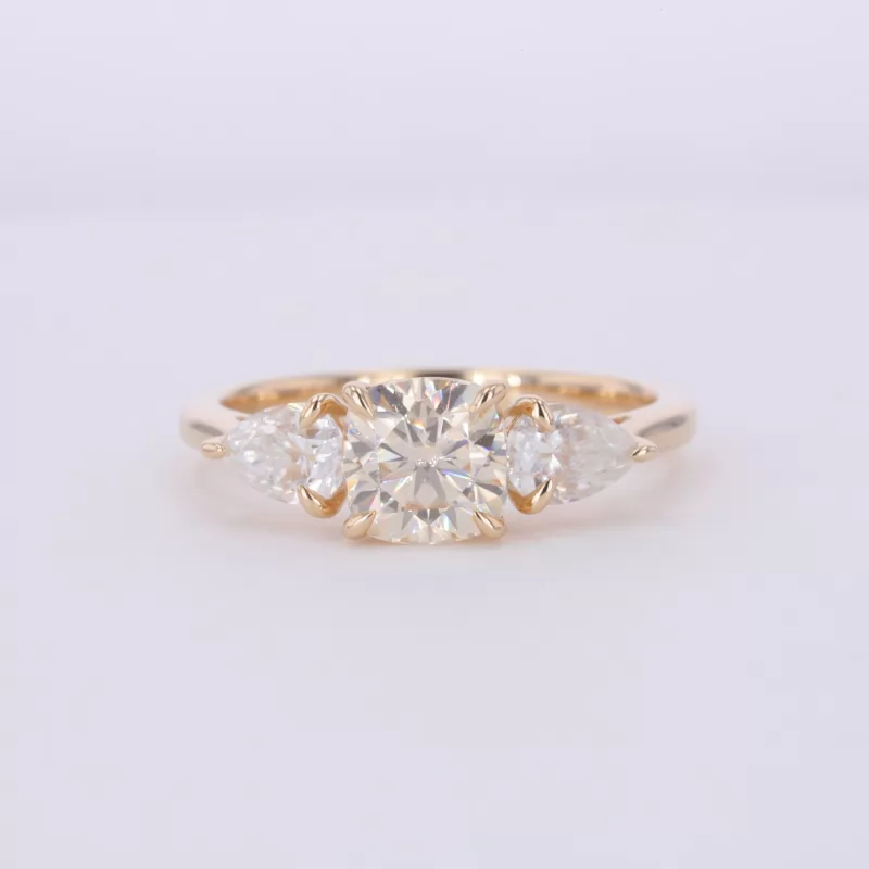 6.5×6.5mm Cushion Cut Moissanite 14K Yellow Gold Three Stone Engagement Ring