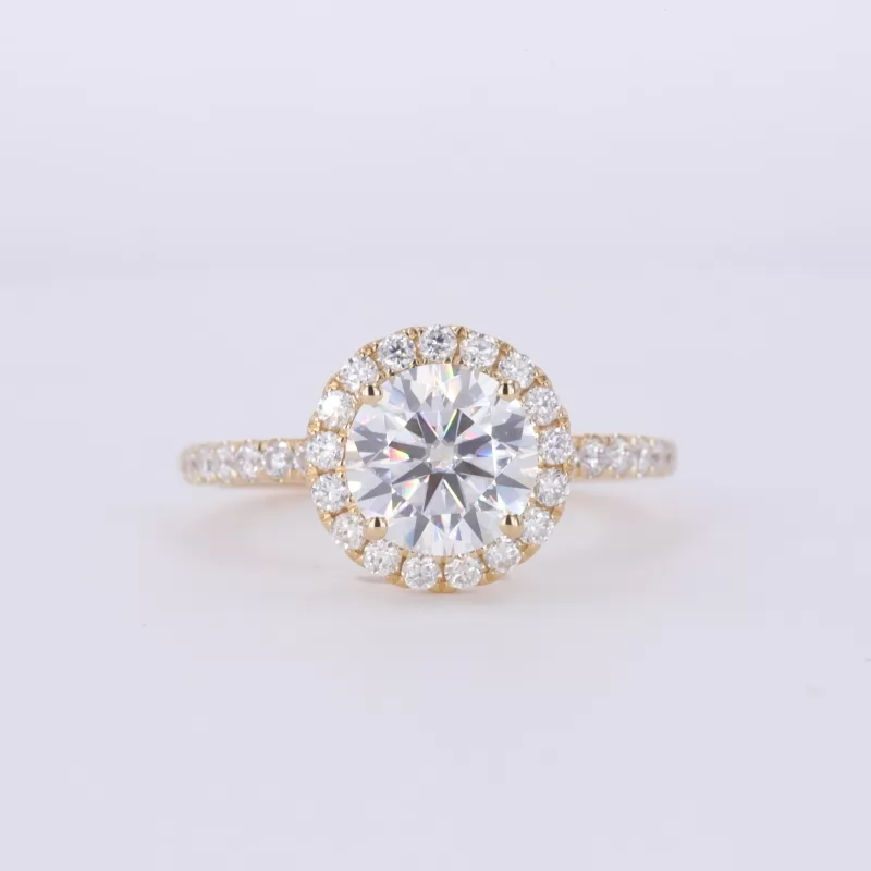 7.5mm Round Brilliant Cut Moissanite 14K Yellow Gold Halo Engagement Ring