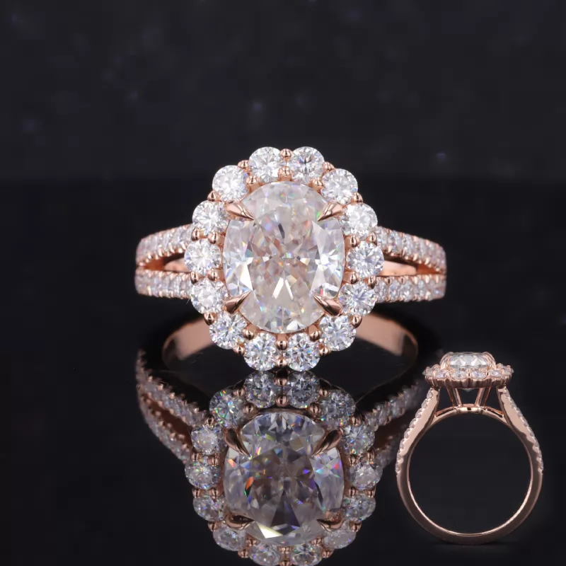8×10mm Oval Cut Moissanite 14K Rose Gold Halo Engagement Ring