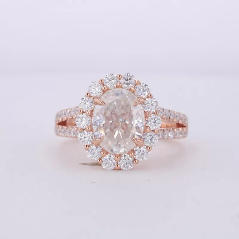 8×10mm Oval Cut Moissanite 14K Rose Gold Halo Engagement Ring