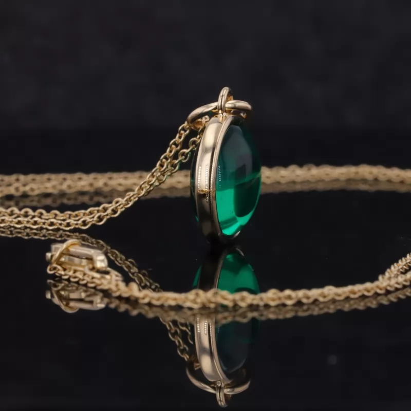 10mm Round Shape Colombia Color Lab Grown Emerald Bezel Set 14K Yellow Gold Diamond Pendant Necklace