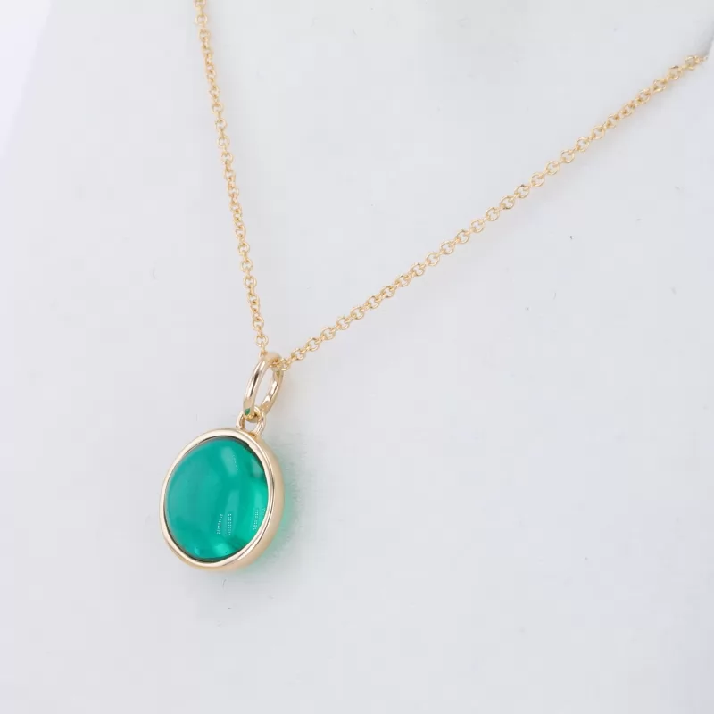 10mm Round Shape Colombia Color Lab Grown Emerald Bezel Set 14K Yellow Gold Diamond Pendant Necklace