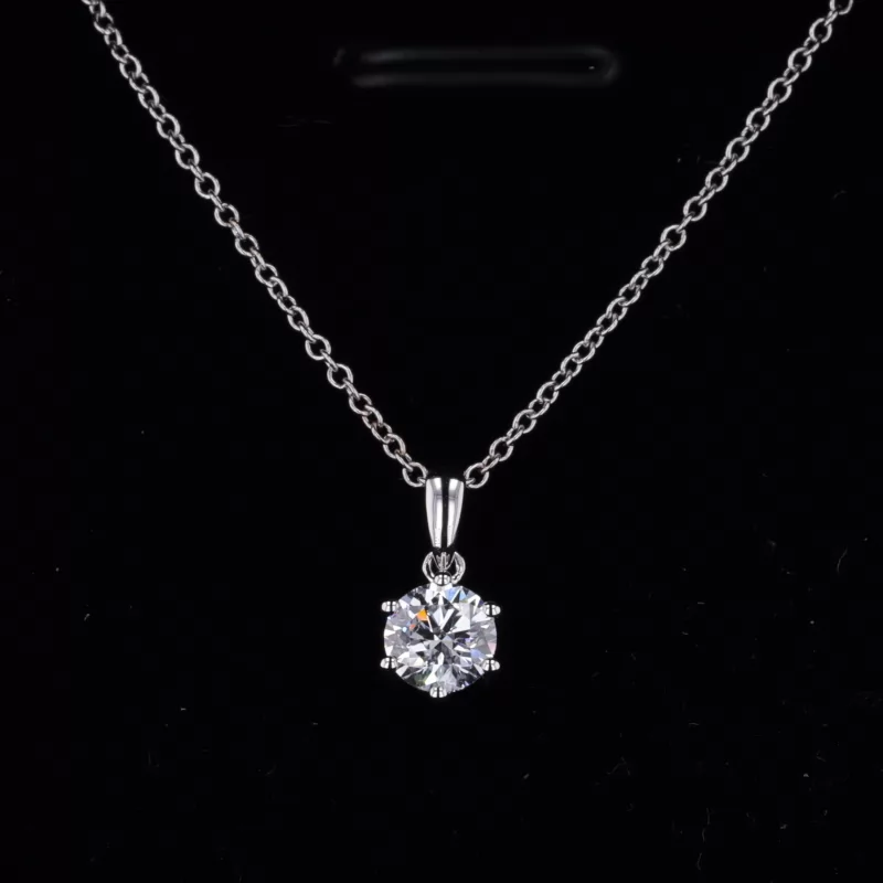 5mm Round Brilliant Cut Lab Grown Diamond 6 Prongs Accent Basket Set 18K White Gold Pendant Necklace