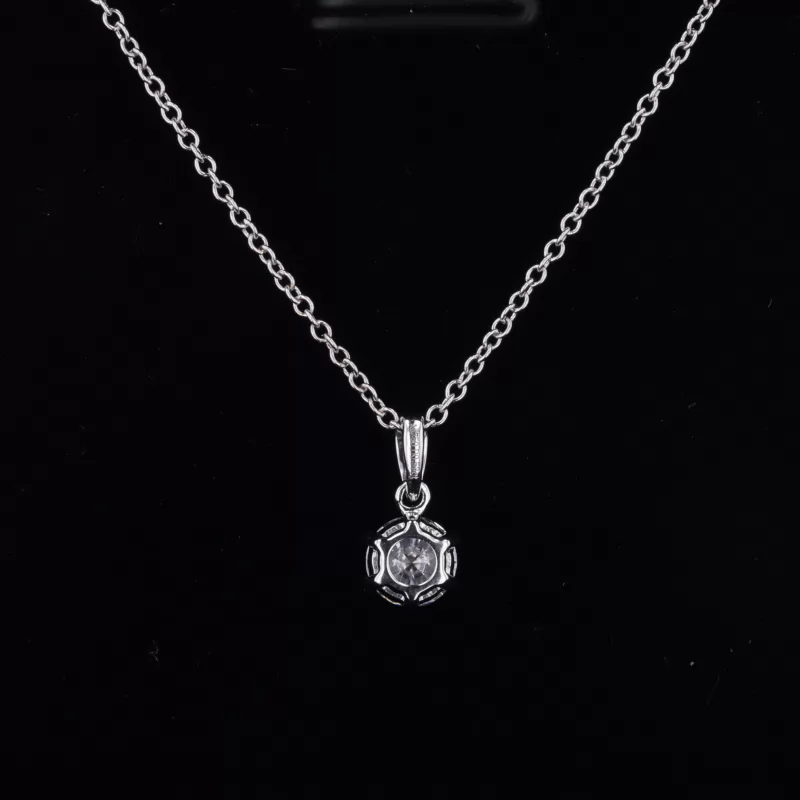 5mm Round Brilliant Cut Lab Grown Diamond 6 Prongs Accent Basket Set 18K White Gold Pendant Necklace