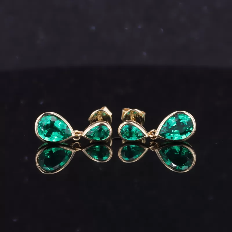 3×5mm & 5×7mm Pear Cut Lab Grown Emerald 10K Yellow Gold Diamond Earrings