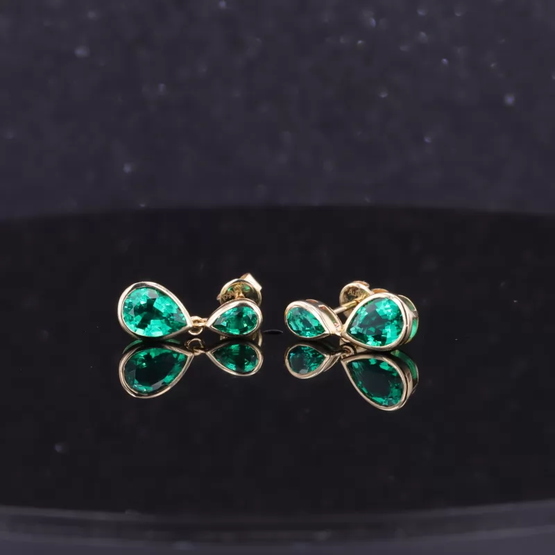 3×5mm & 5×7mm Pear Cut Lab Grown Emerald 10K Yellow Gold Diamond Earrings