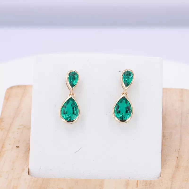3×5mm & 5×7mm Pear Cut Lab Grown Emerald 10K Yellow Gold Diamond Earrings
