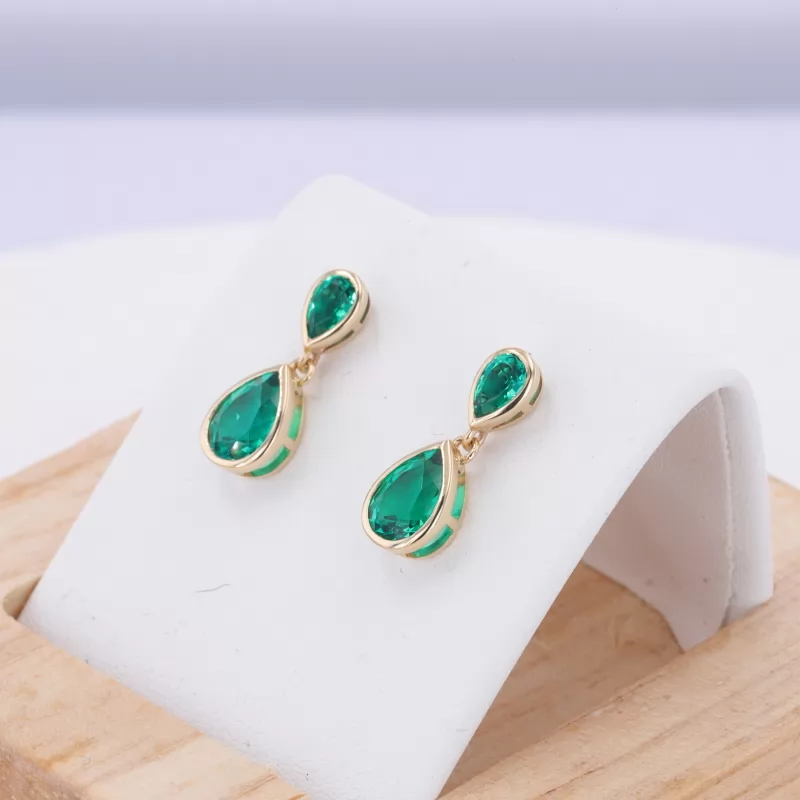 3×5mm & 5×7mm Pear Cut Lab Grown Emerald 10K Yellow Gold Diamond Earrings