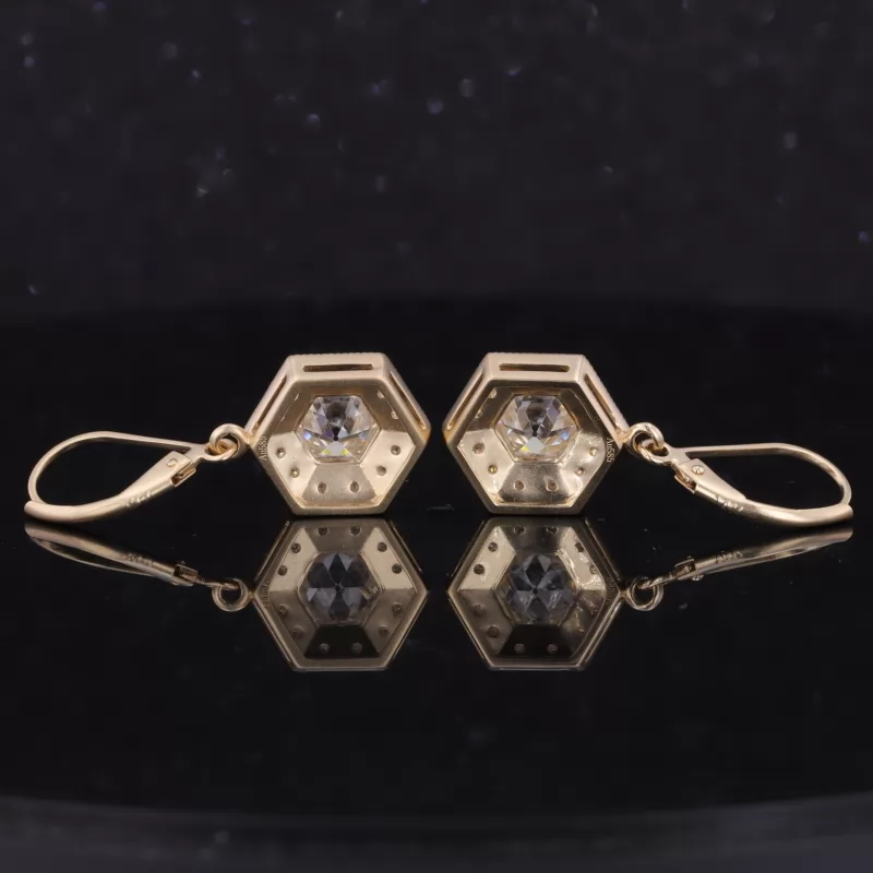 6.5×6.5mm Hexagonal Shape Moissanite 14K Yellow Gold Diamond Earrings