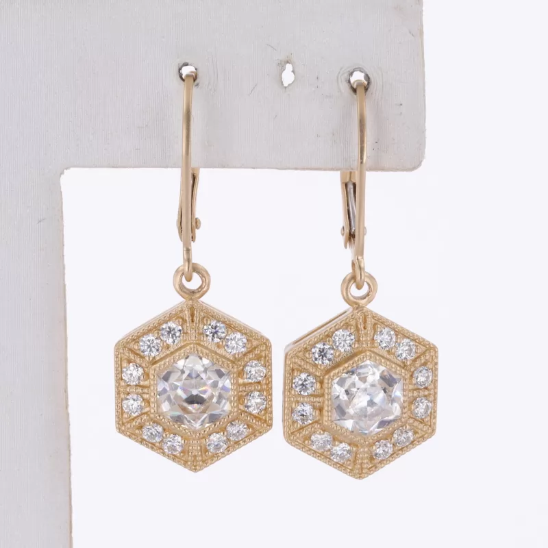 6.5×6.5mm Hexagonal Shape Moissanite 14K Yellow Gold Diamond Earrings