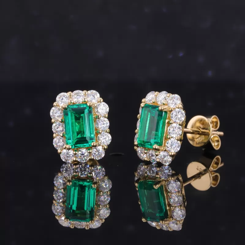 4×6mm Octagon Emerald Cut Lab Grown Emerald 18K Yellow Gold Diamond Stud Earrings