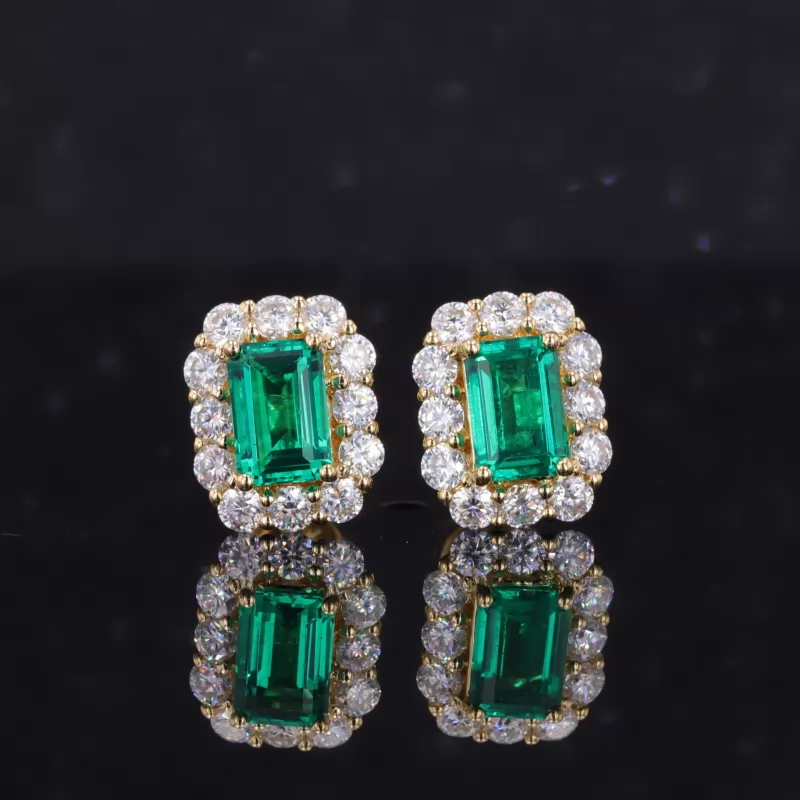 4×6mm Octagon Emerald Cut Lab Grown Emerald 18K Yellow Gold Diamond Stud Earrings