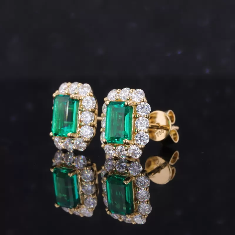 4×6mm Octagon Emerald Cut Lab Grown Emerald 18K Yellow Gold Diamond Stud Earrings