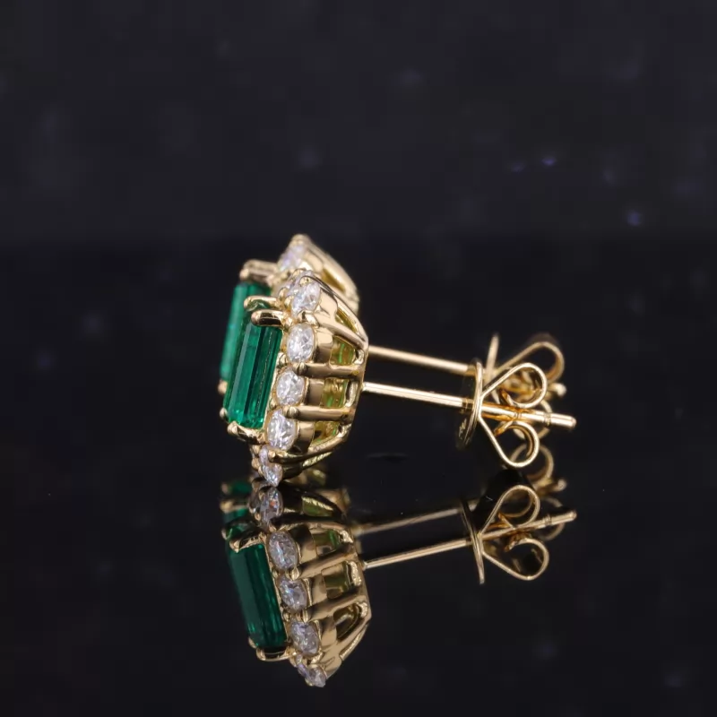 4×6mm Octagon Emerald Cut Lab Grown Emerald 18K Yellow Gold Diamond Stud Earrings