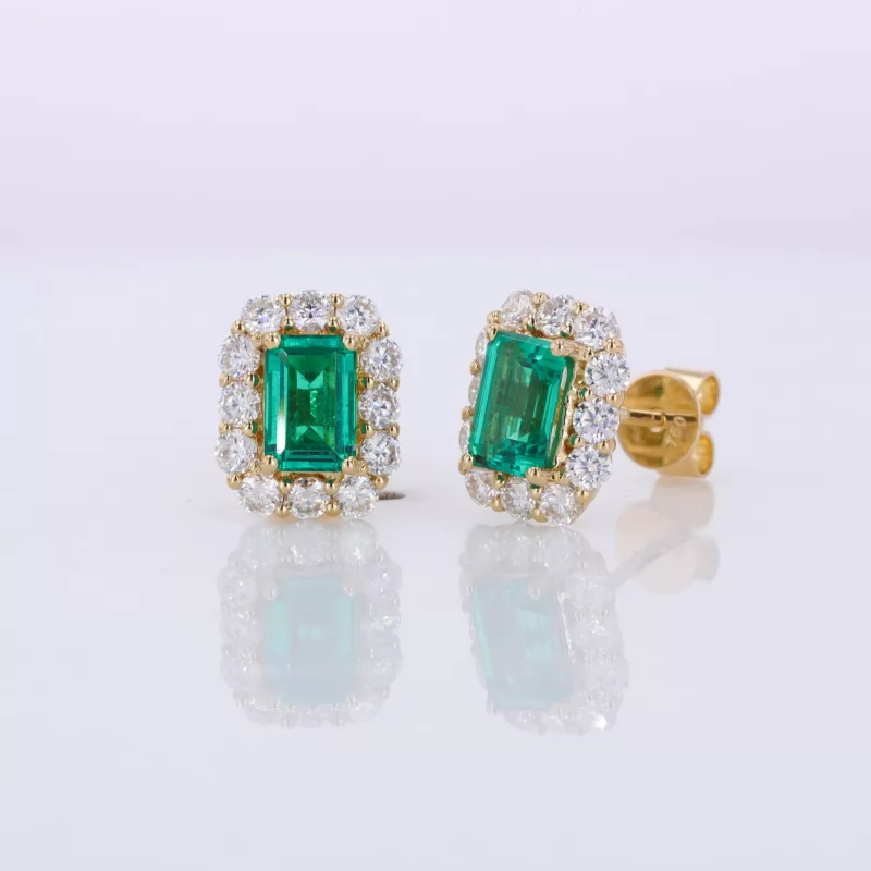 4×6mm Octagon Emerald Cut Lab Grown Emerald 18K Yellow Gold Diamond Stud Earrings