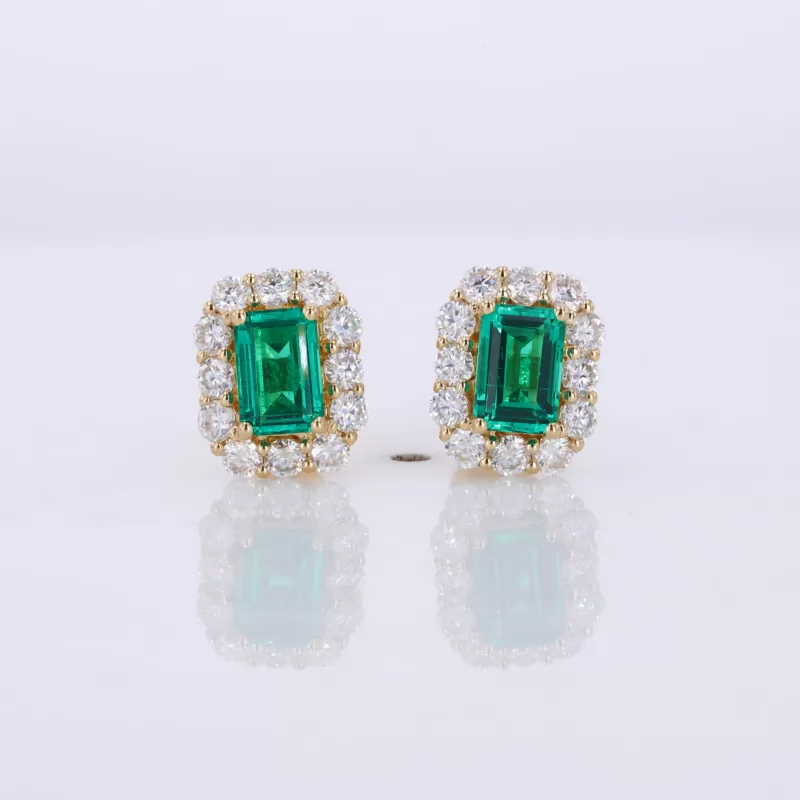 4×6mm Octagon Emerald Cut Lab Grown Emerald 18K Yellow Gold Diamond Stud Earrings