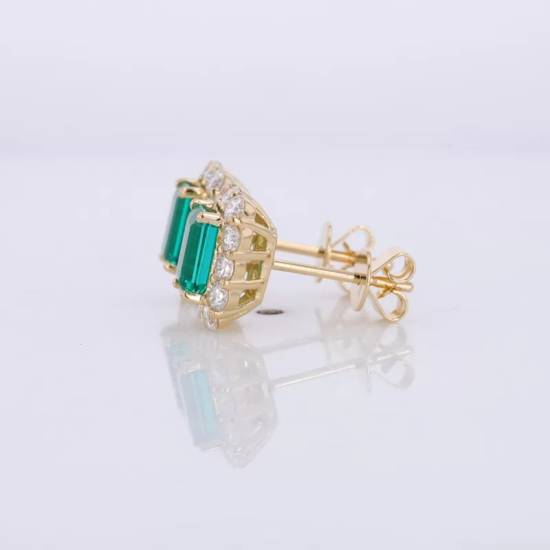 4×6mm Octagon Emerald Cut Lab Grown Emerald 18K Yellow Gold Diamond Stud Earrings