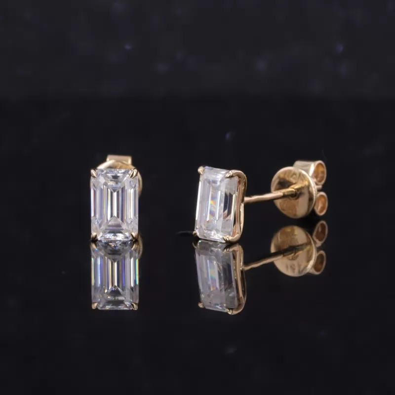 4×6mm Octagon Emerald Cut Moissanite 14K Yellow Gold Diamond Stud Earrings