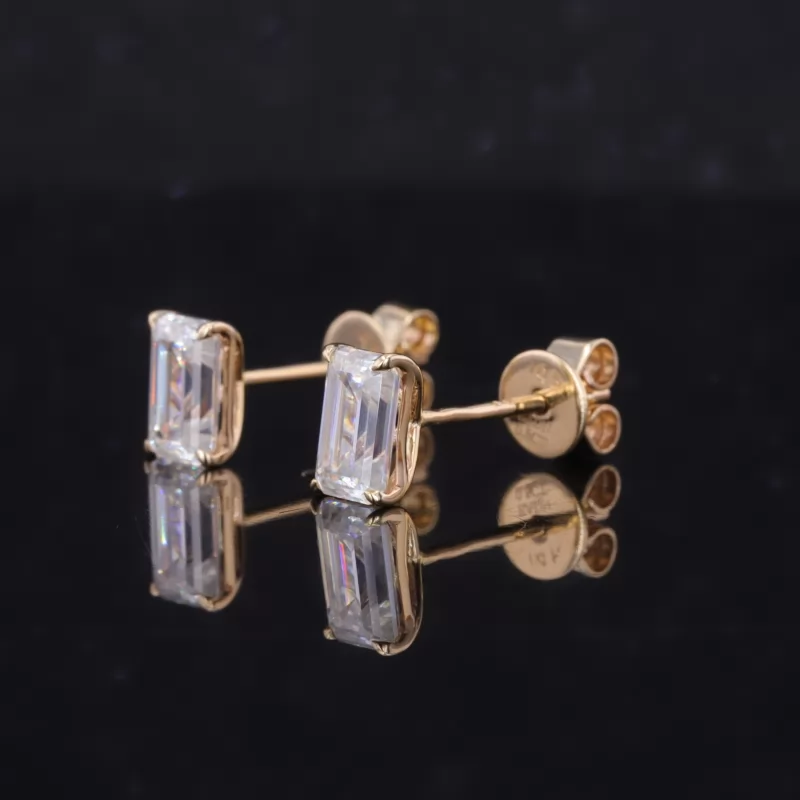4×6mm Octagon Emerald Cut Moissanite 14K Yellow Gold Diamond Stud Earrings