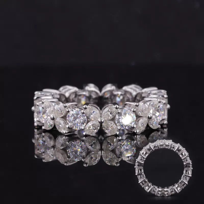 4mm Round Brilliant Cut Moissanite & 2×4mm Marquise Cut Moissanite Diamond Eternity Rings