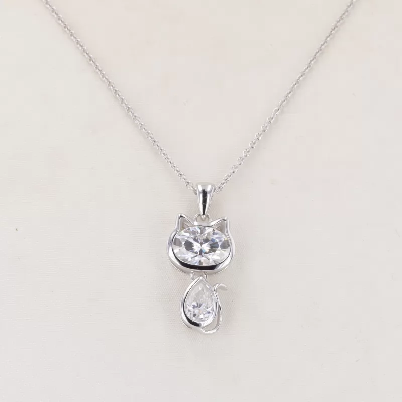 6×8mm Oval Cut Moissanite & 4×6mm Pear Cut Moissanite 14K White Gold Fancy Shape Design Diamond Pendant Necklace