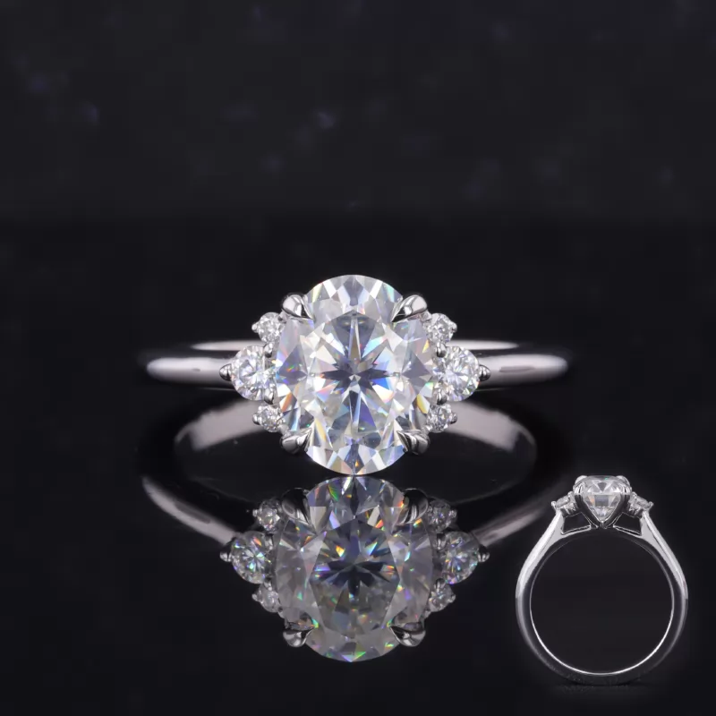 7×9mm Oval Cut Moissanite With Side Moissanite 10K White Gold Engagement Ring