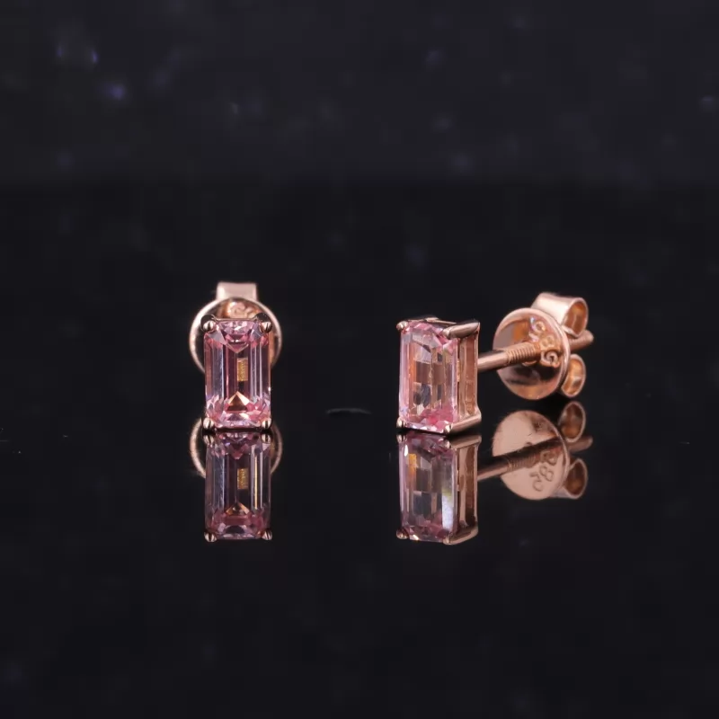 3×5mm Octagon Emerald Cut Lab Grown Padparadscha Pink Sapphire 14K Rose Gold Diamond Stud Earrings