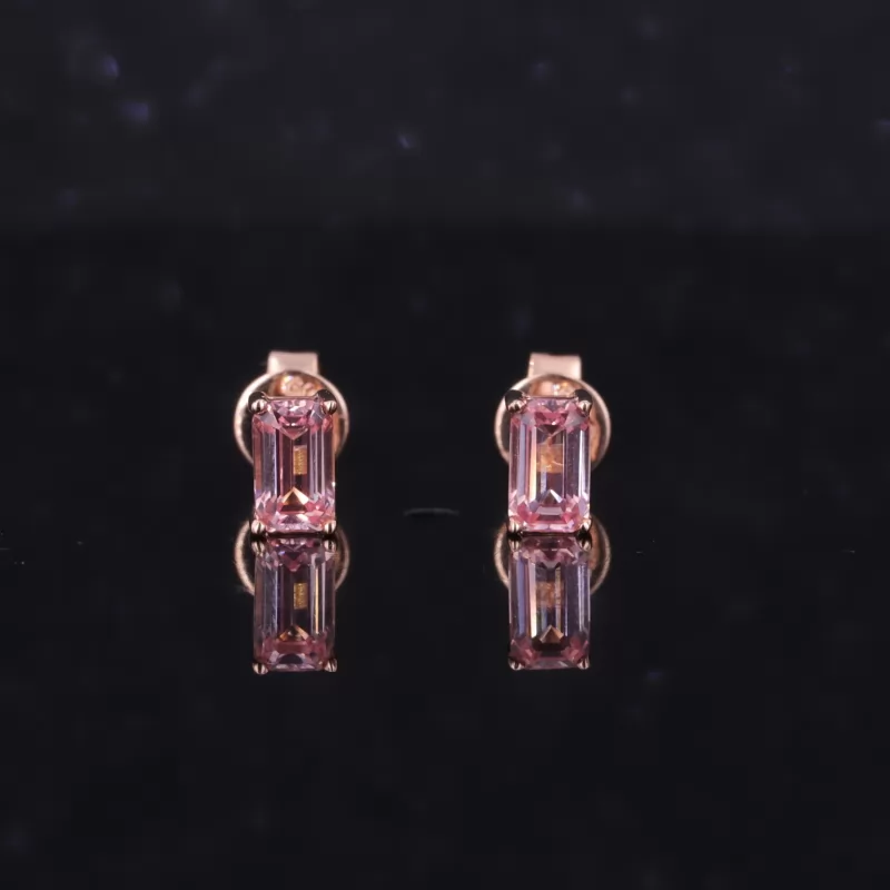 3×5mm Octagon Emerald Cut Lab Grown Padparadscha Pink Sapphire 14K Rose Gold Diamond Stud Earrings