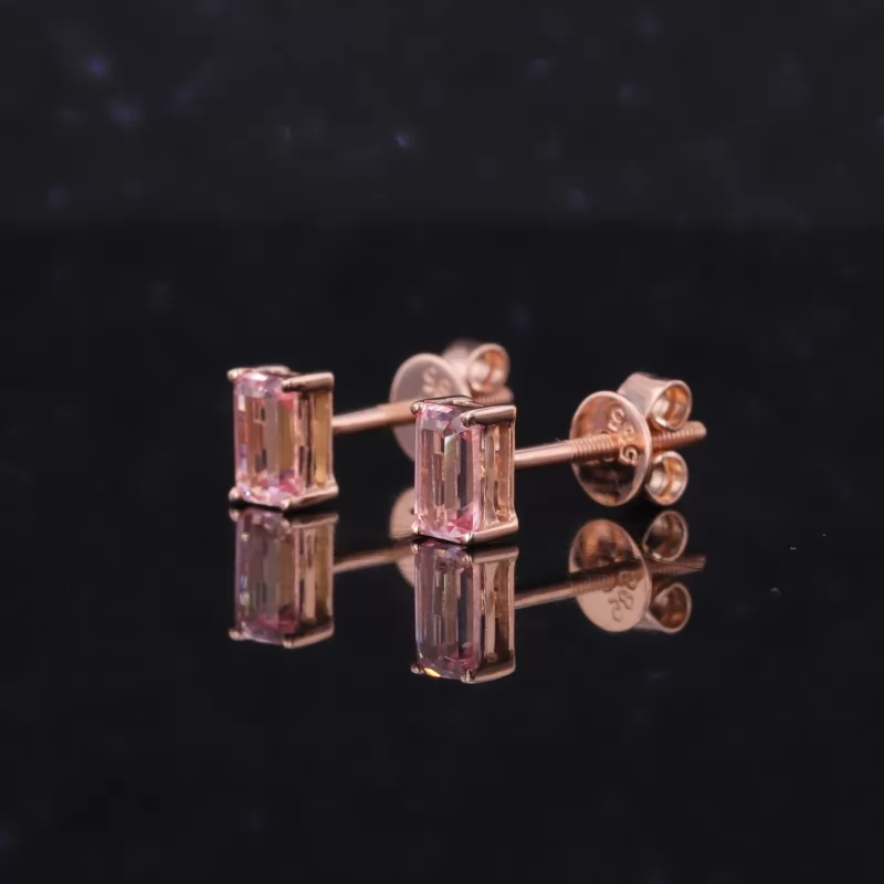 3×5mm Octagon Emerald Cut Lab Grown Padparadscha Pink Sapphire 14K Rose Gold Diamond Stud Earrings