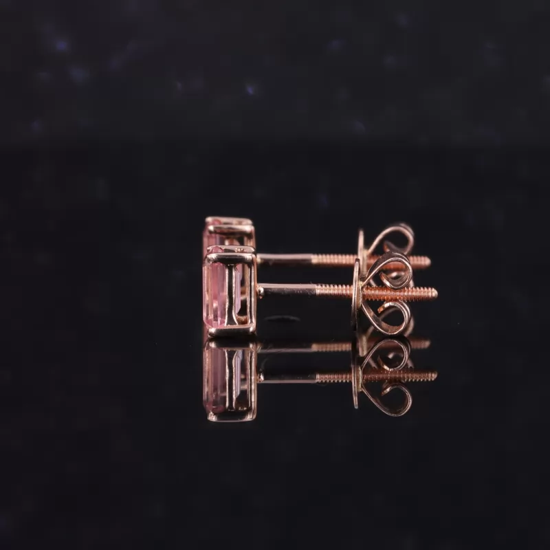 3×5mm Octagon Emerald Cut Lab Grown Padparadscha Pink Sapphire 14K Rose Gold Diamond Stud Earrings