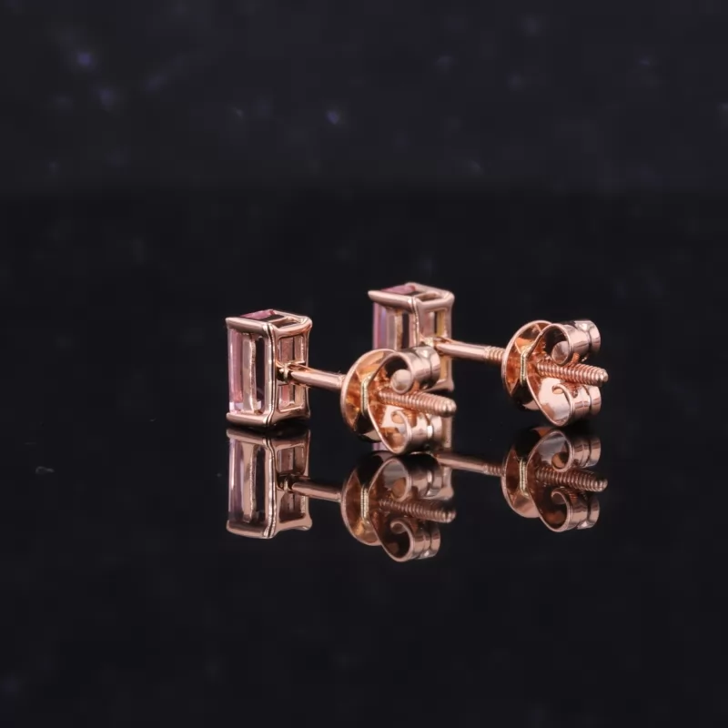 3×5mm Octagon Emerald Cut Lab Grown Padparadscha Pink Sapphire 14K Rose Gold Diamond Stud Earrings