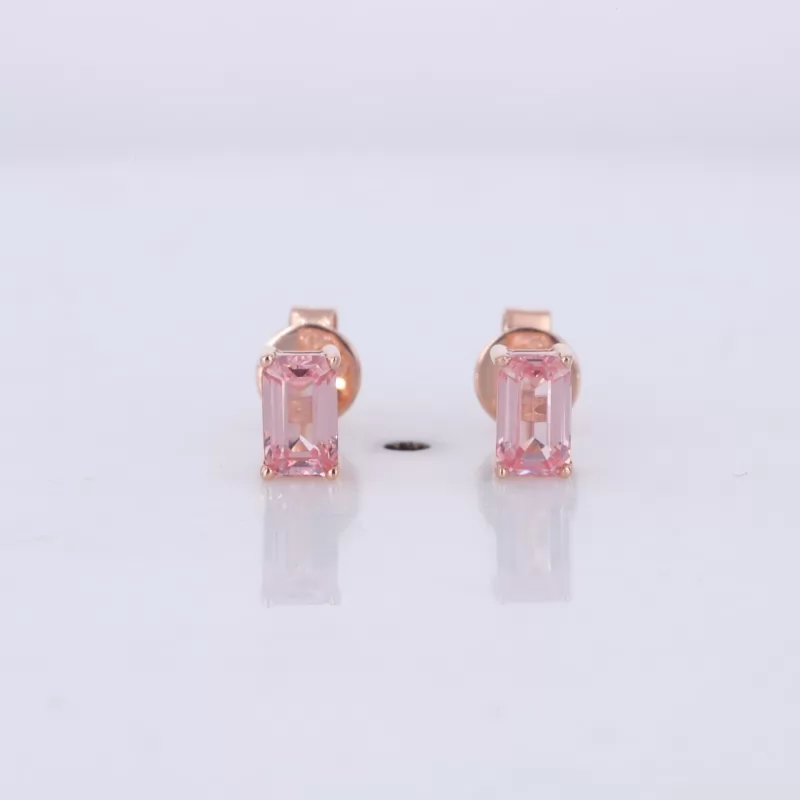 3×5mm Octagon Emerald Cut Lab Grown Padparadscha Pink Sapphire 14K Rose Gold Diamond Stud Earrings