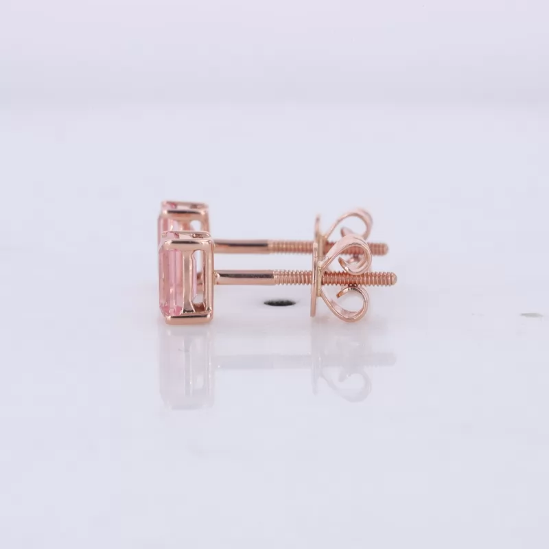 3×5mm Octagon Emerald Cut Lab Grown Padparadscha Pink Sapphire 14K Rose Gold Diamond Stud Earrings