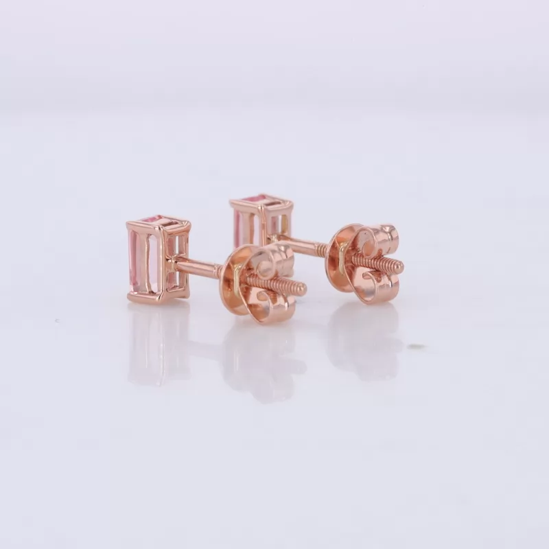 3×5mm Octagon Emerald Cut Lab Grown Padparadscha Pink Sapphire 14K Rose Gold Diamond Stud Earrings