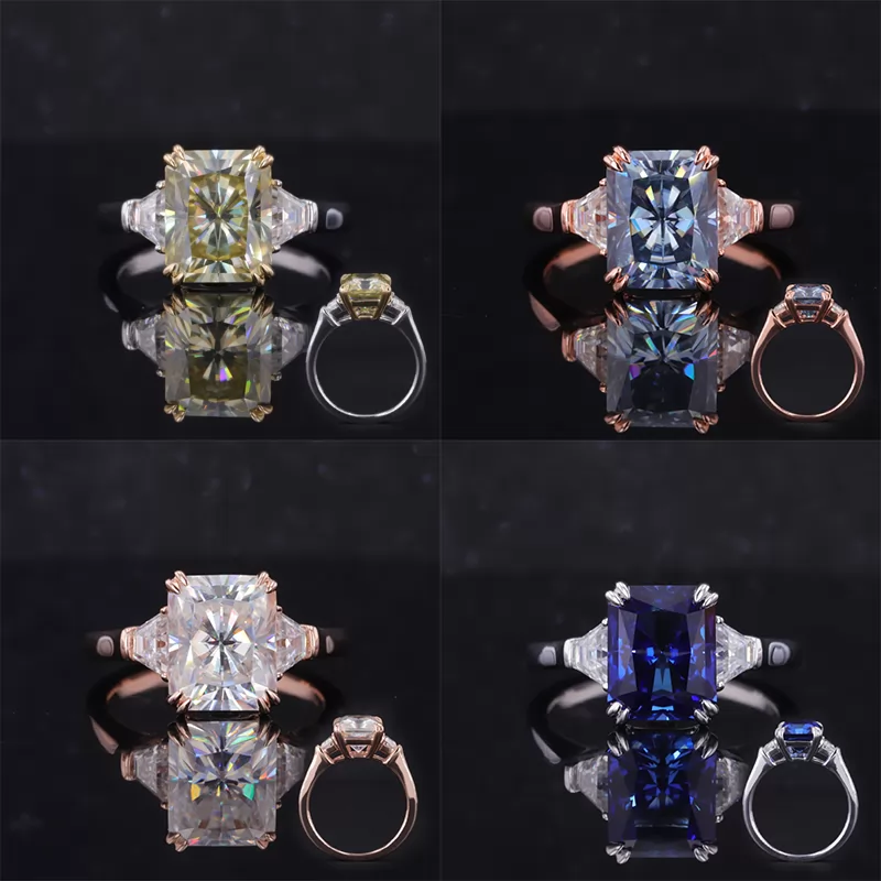 8×10mm Radiant Cut Lab Gemstones Three Stone Engagement Rings