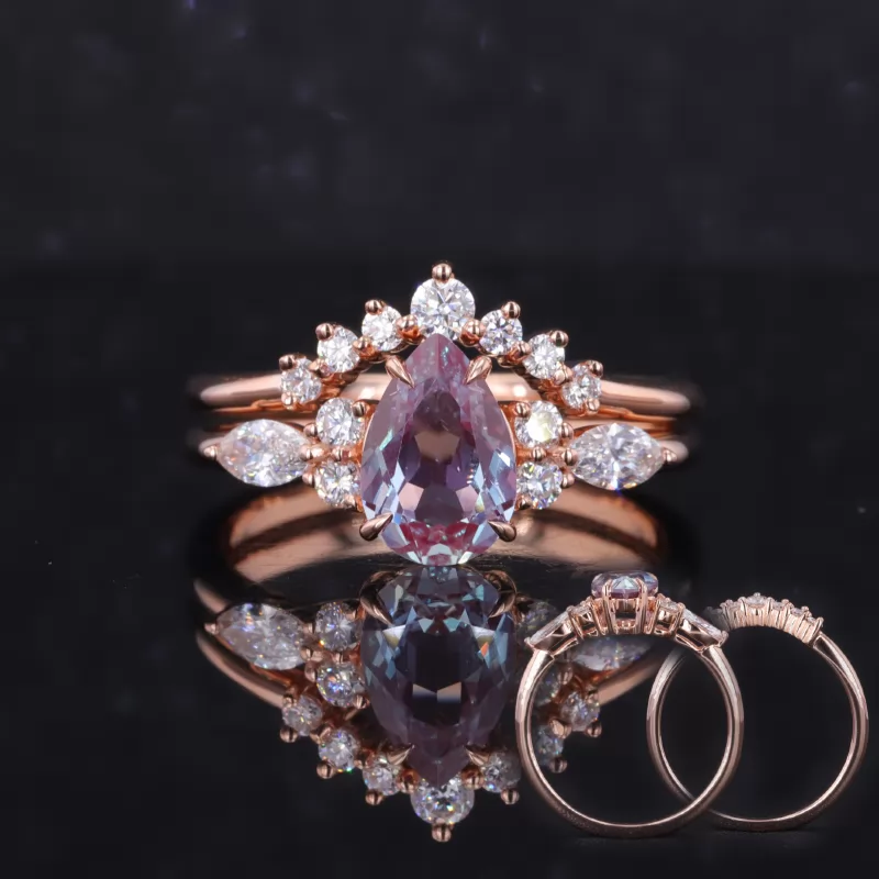 6×9mm Pear Cut Lab Grown Alexandrite Sapphire 14K Rose Gold Stackable Rings