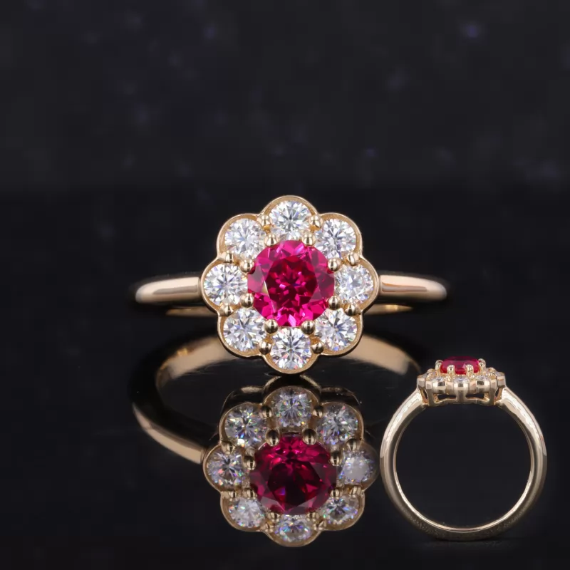 5mm Round Brilliant Cut Lab Grown Ruby 10K Yellow Gold Halo Engagement Ring