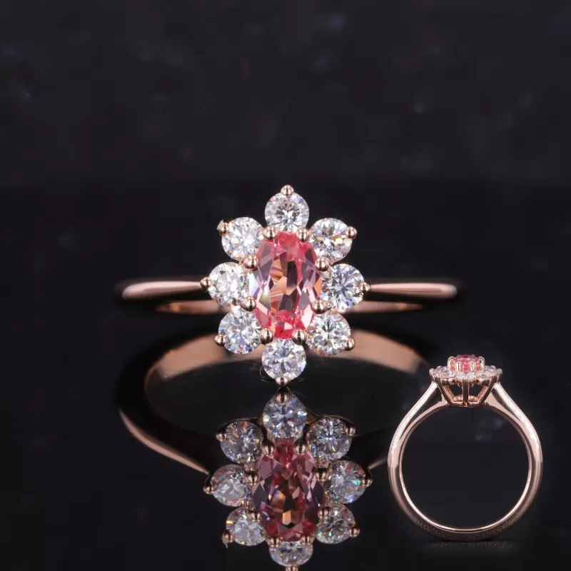 4×6mm Oval Cut Lab Grown Padparadscha Pink Sapphire 10K Rose Gold Halo Engagement Ring