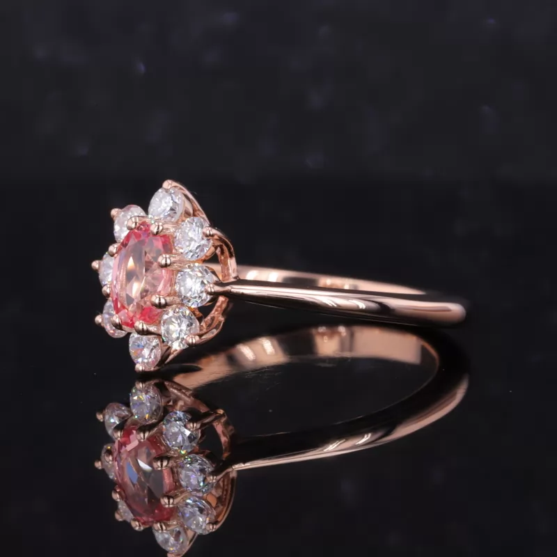 4×6mm Oval Cut Lab Grown Padparadscha Pink Sapphire 10K Rose Gold Halo Engagement Ring